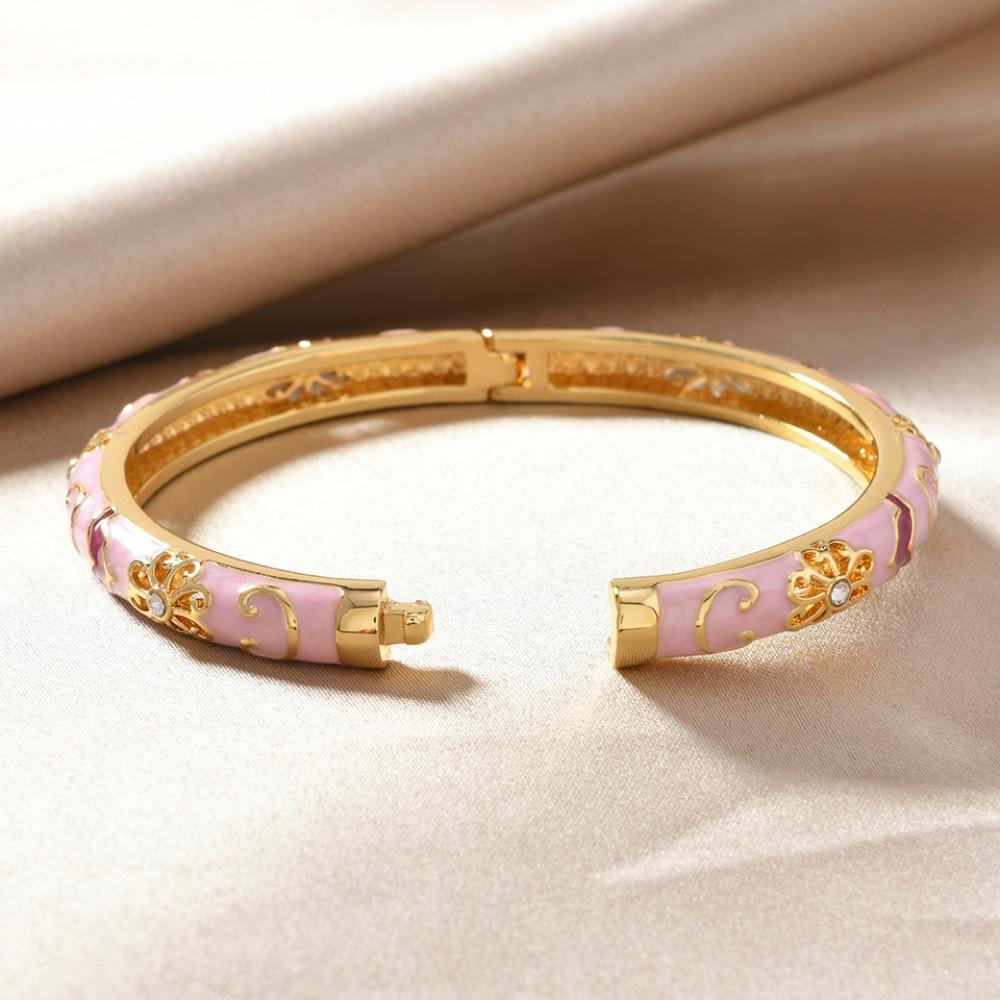 Stile Etnico Lusso Colore Oro Smalto Multicolor Fiore Zircone Bracciale rigido per Donna Fascino Sposa Bracciale a manetta Gioielli Bohemienne Regalo