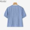 ZANZEA Women Summer Round Neck Lace Patchwork Plaid Casual Ruffled Blouse