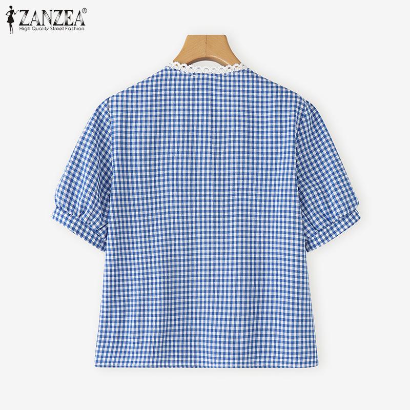 ZANZEA Women Summer Round Neck Lace Patchwork Plaid Casual Ruffled Blouse