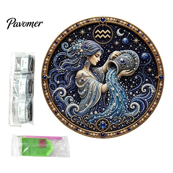 12 Zodiac Signs Faux Pearl Decor Sign Art Kit, DIY Painting Handmade Picture Kit Kits, Round 3D Constellation Wall Craft for Adults, Home Decoration