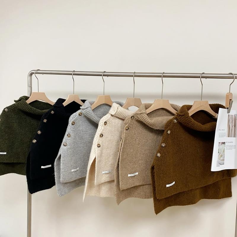 Winter Pullover Split Shawl Sweater for Women Knit Solid Color Turtleneck Scarf Casual Wear Cape Windproof Shoulder Wrap
