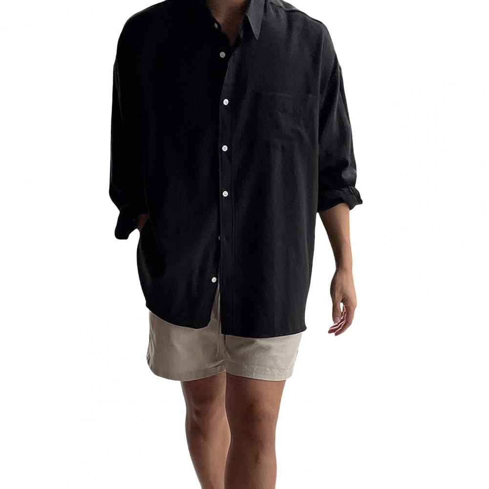 

Summer Fall Men Shirt Thin Pure Color Turn down Collar Long Sleeves Button down Loose Cardigan Chest Pocket Mid Length Daily M чорний