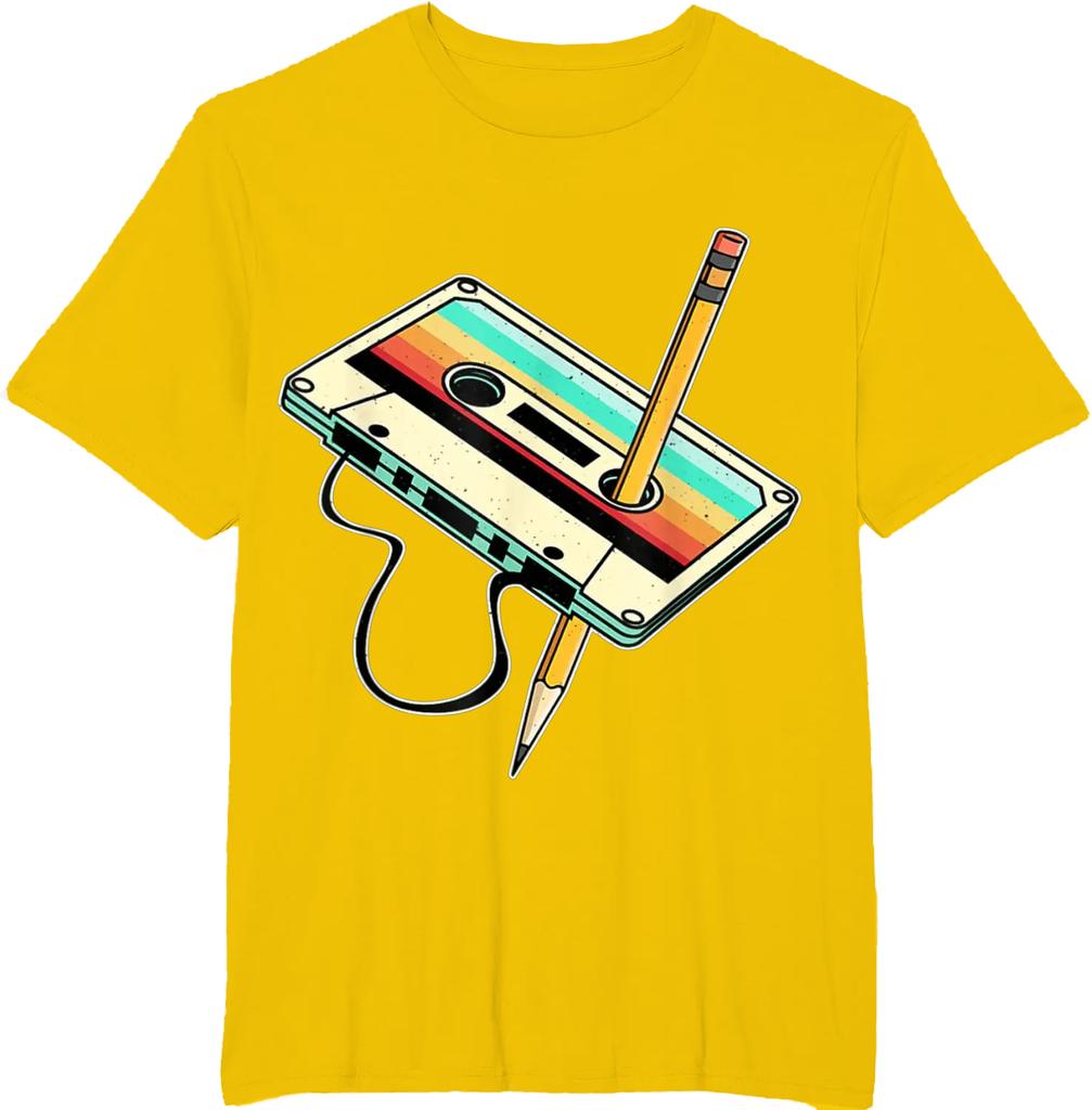 80s Cassette Tape Pencil 1980s Retro Vintage Throwback Music T-Shirt Men Clothing Vintage T Shirt Camisetas