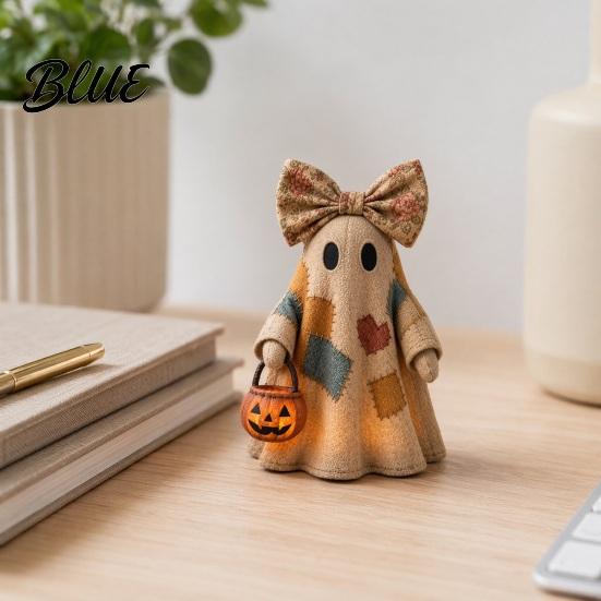 Glowing Ghost Decor Halloween Lighted Patchwork Figurine Light-Up Bow with Pumpkin Vintage Figurine Lantern Ghosts Lamp Decoration for Holiday Party