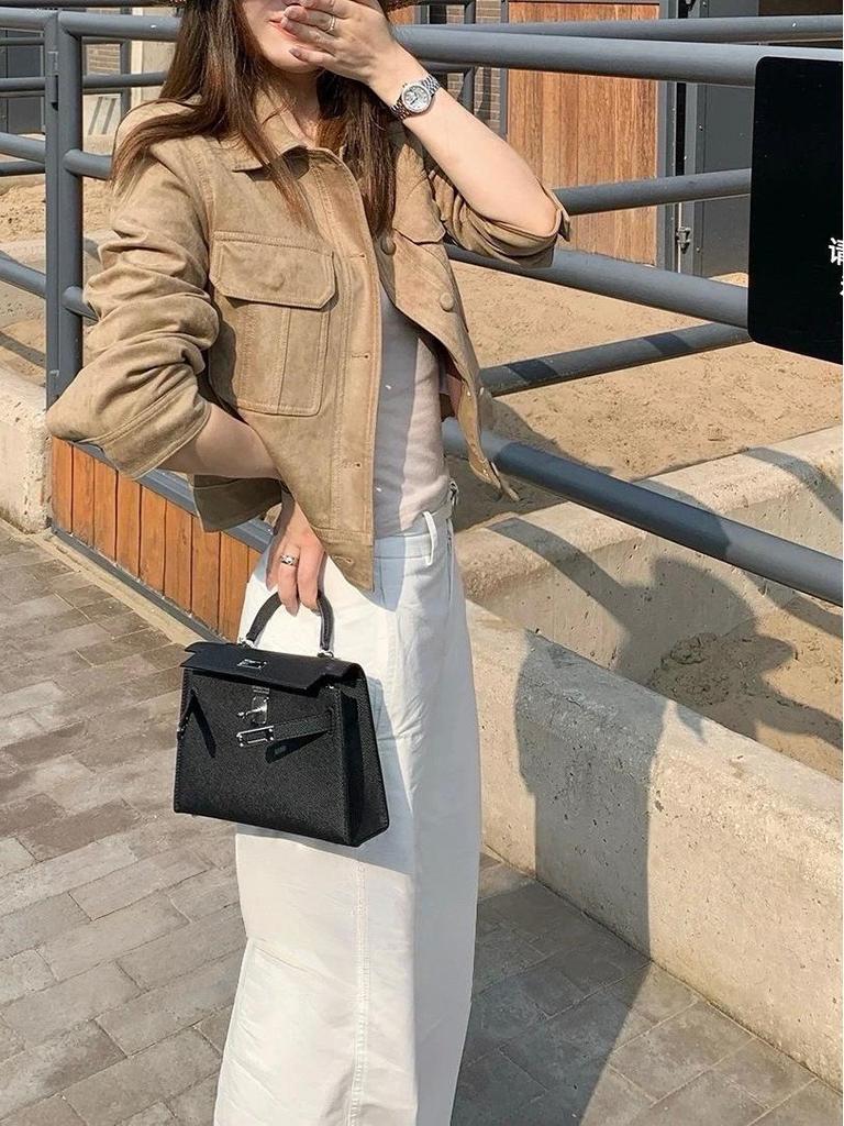 London Old Dream Vintage Khaki Wildleder Damen Herbst Arbeitsjacke, Kurz & Vielseitig