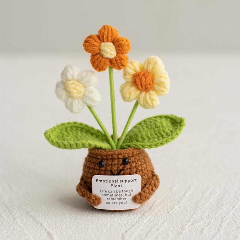 Cute Crochet Flowers Potted Hand-woven Rose Colorful Sunflower Positive Emotional Crochet Flower Potted for Home TableDecor Gift
