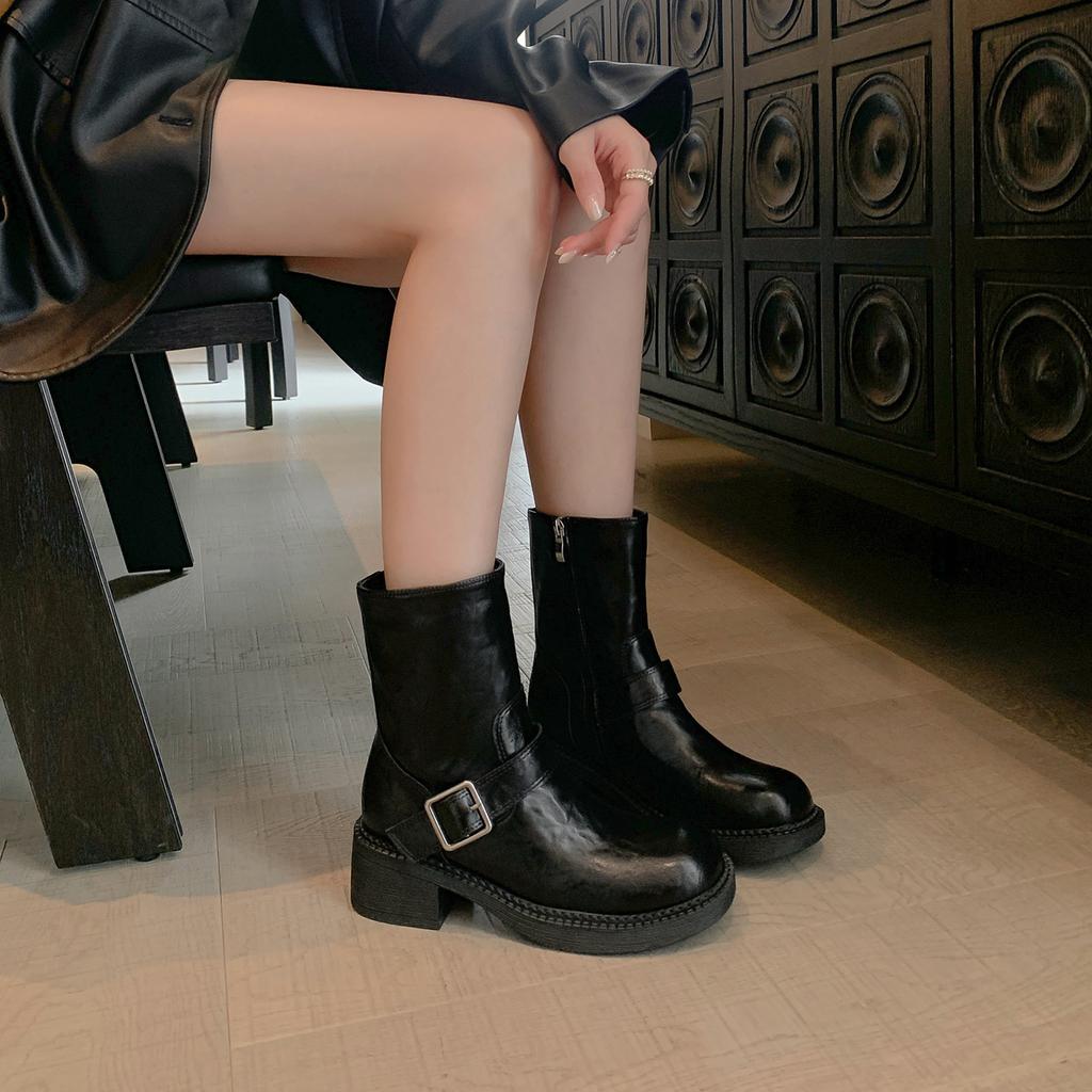 Maillard brown leather Martin boots women's autumn and winter new British style retro versatile thick heel short boots children
