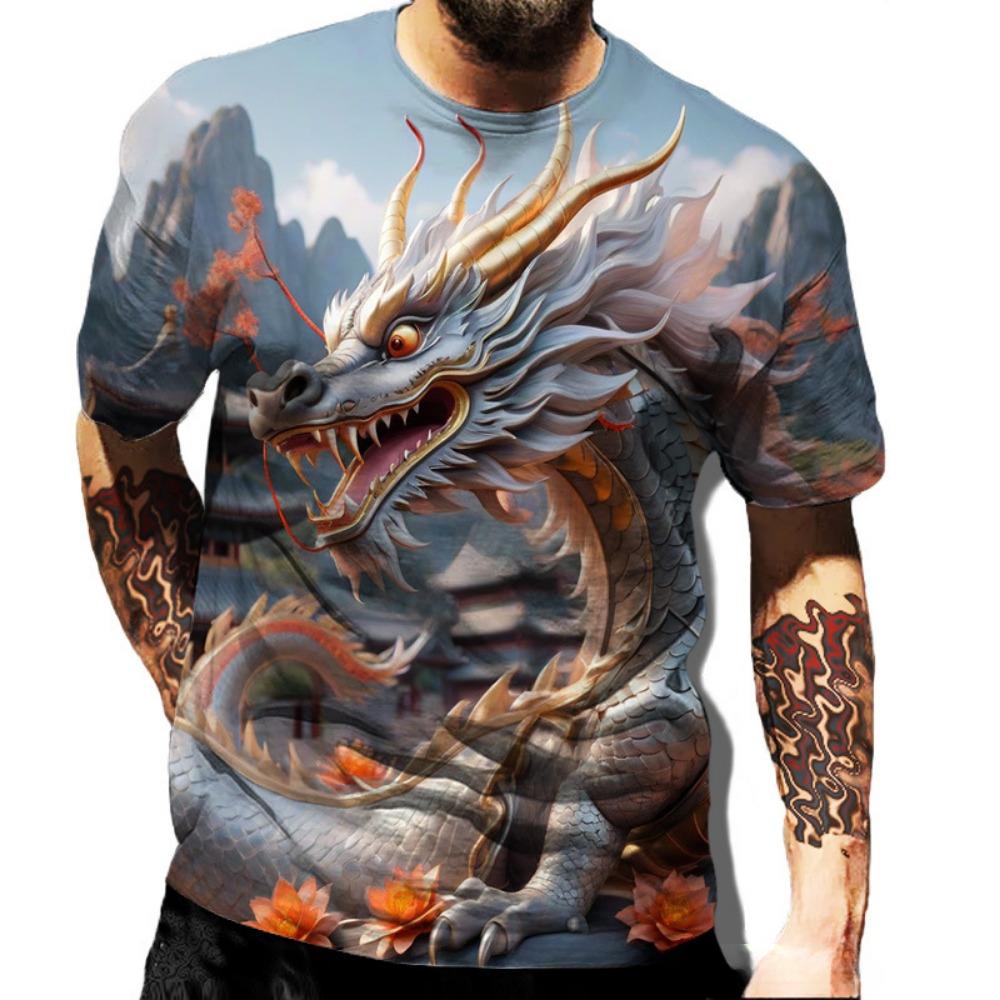 Summer Round Neck 3D Dragon Series Print Top Fashionable Casual Short Sleeved Men's T-shirts