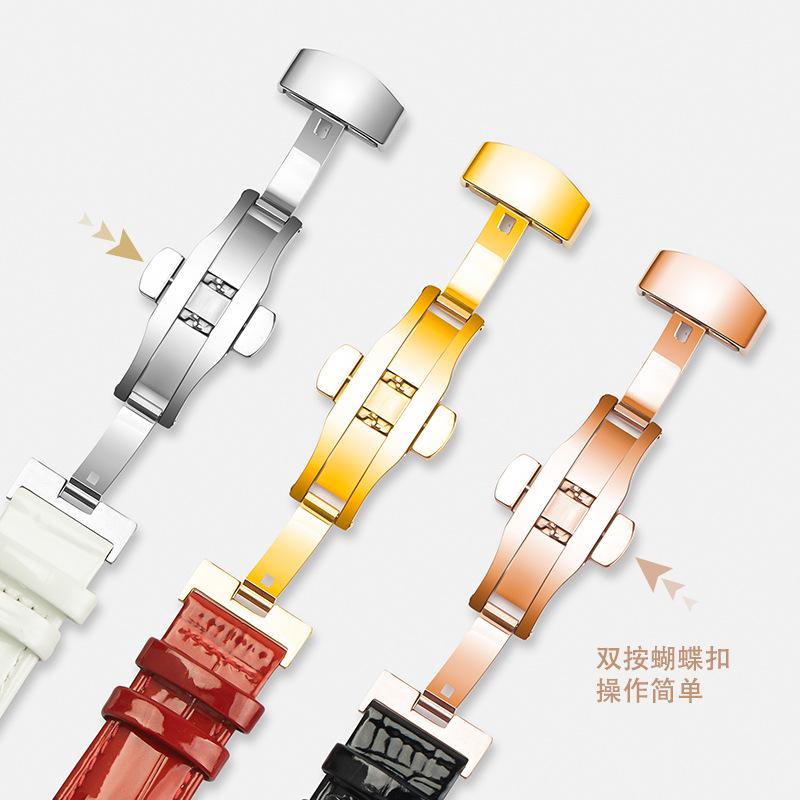 Uhrenarmband aus echtem Leder, 12 mm, 14 mm, 16 mm, 18 mm, 20 mm, Rot, Schwarz, Weiß, Lila, Uhrenarmband, Schmetterlingsschnalle, glänzendes Band, Handgelenksgurt