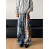 Mens Straight Fit Denim Pants With Hand-Painted Graffiti Art Mid-Rise Cotton Jeans Casual Wear