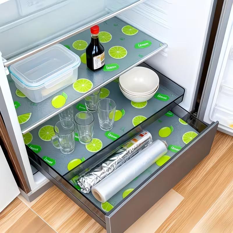 4pcs Waterproof Refrigerator Liner Set Moisture Proof Non Slip Washable Reusable EVA Mat Lemon Pattern Drawer Cabinet Shelf Liner for Kitchen Use