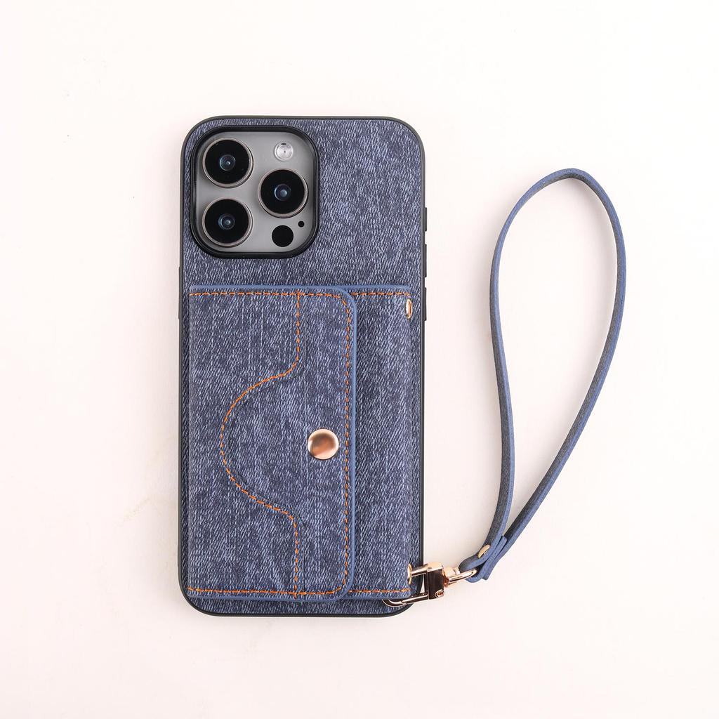 IPhone 17 Hülle: Kompatibel mit Apple 16 Pro Max, 15, 14 - Denim-Textur mit Armband-Kartenhalter