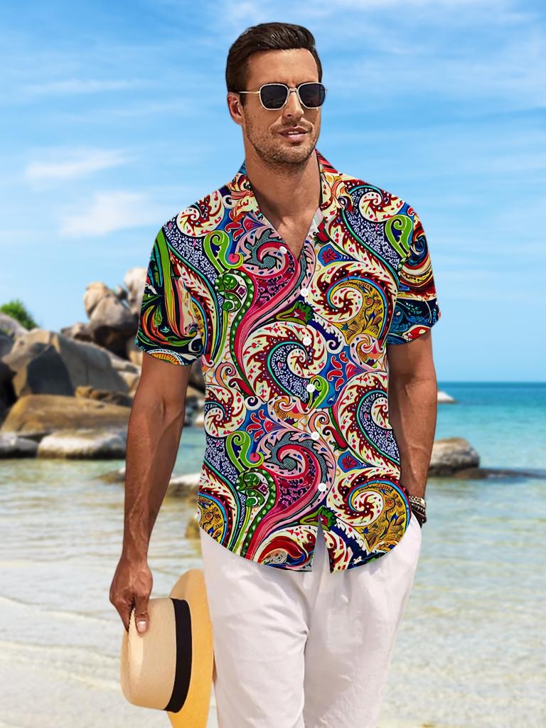 New Men'S Casual Short-Sleeve Shirt with Vibrant Paisley Patterns, Featuring Intricate And Elaborate Vine Designs. Perfect for Festive Gatherings And