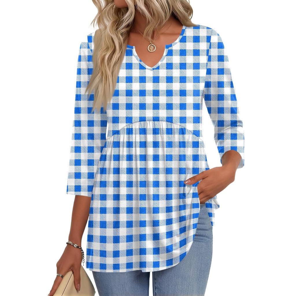 Women's Casual Floral Print V-Neck Three-Quarter Sleeve Blouse for Spring and Summer