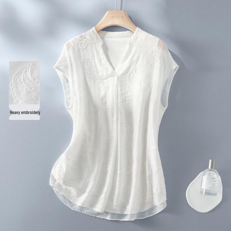 IHIMI Women s French Style Cashew Floral Embroidered Sleeveless V-Neck Blouse S