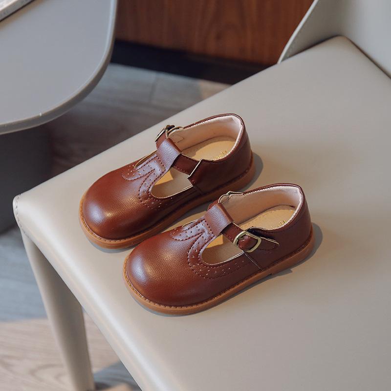 Children Mary Janes British Style T-strap Three Colors Vintage 21-30 Little Girl's Leather Shoes All-mtach School Kids Flats