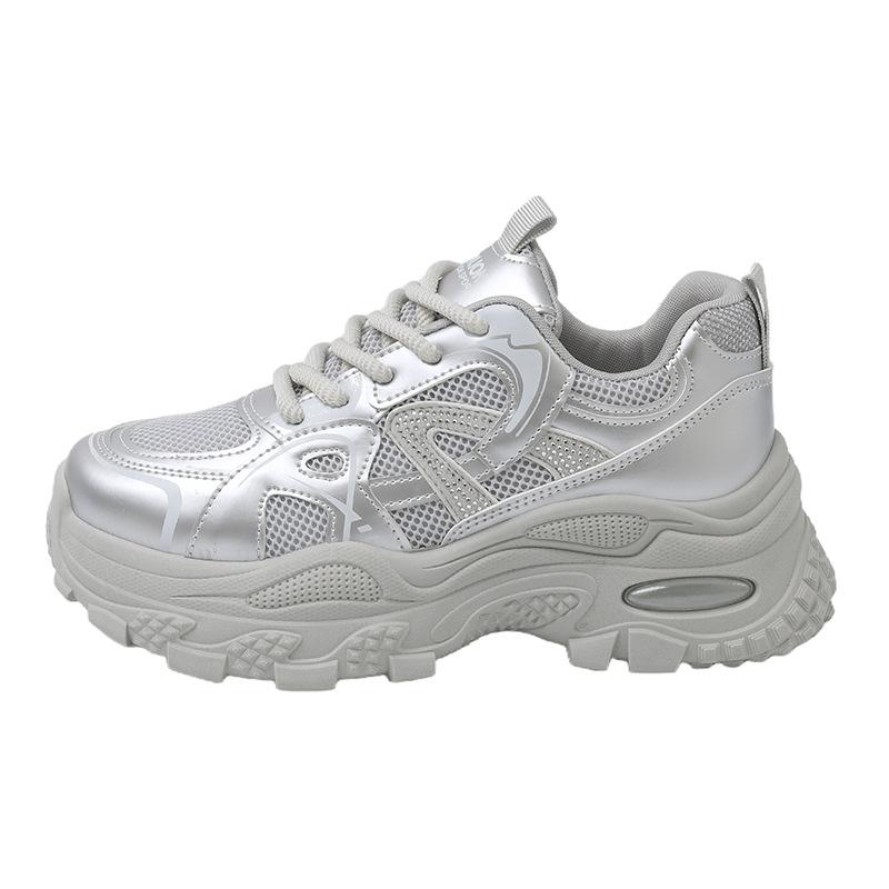 White Dew's same platform dad shoes for women's 2025 new mesh breathable silver 7cm height-increasing casual sports shoes