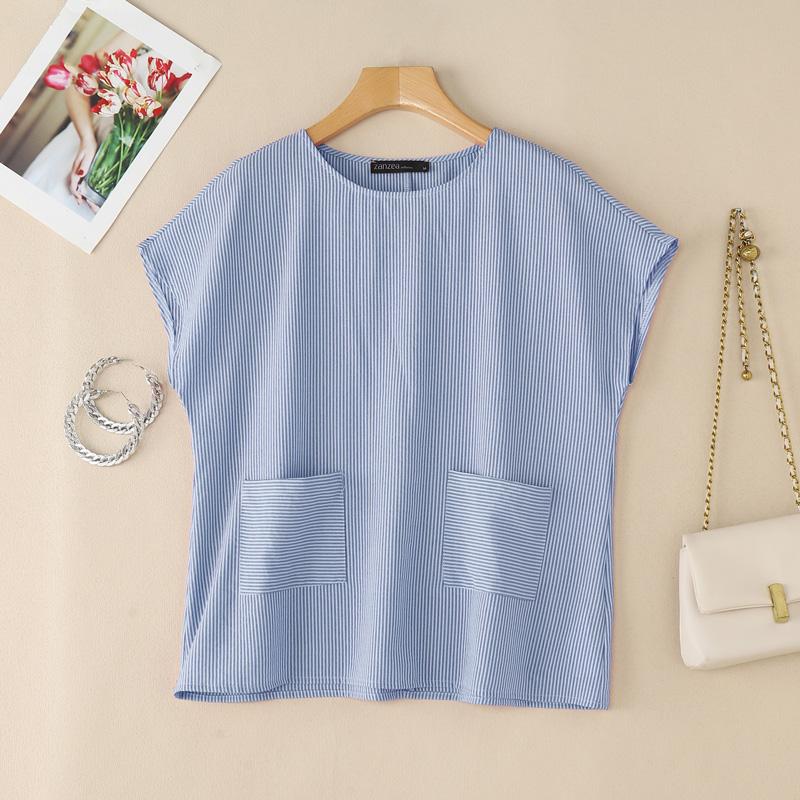 

ZANZEA Женская летняя блузка с круглым вырезом и короткими рукавами, повседневная полосатая 5XL синий