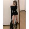 [With Belt] Spice Girl One-word Shoulder Long-sleeved Short Dress, Women's Pure Desire To Wear Slim-fitting and Thin Temperament Short Skirt