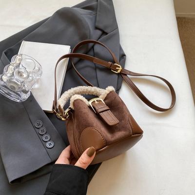 Women's Fashion Plush Messenger Bag Faux Leather Small Bucket Shoulder Crossbody Bag with Polyester Lining and Buckle Closure Solid Color