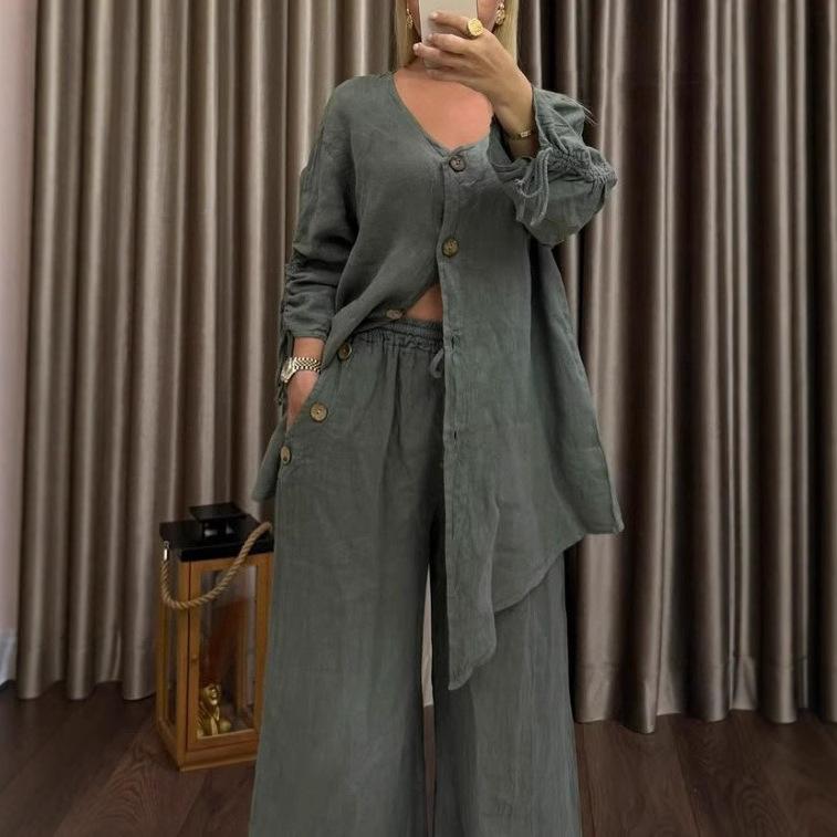 Women's V-Neck Button Down Cardigan and High Waisted Wide Leg Pants Set, Long Sleeve Tie Waist Top with Pockets, Solid Color Casual Loungewear
