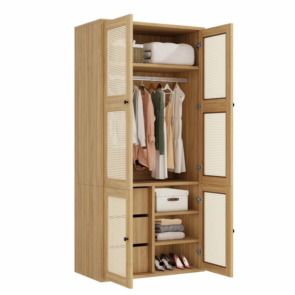 Kleiderschrank mit Rattan-Geflecht, 90 x 47 x 200 cm, Drehtüren, 1 Kleiderstange, 3 Schubladen und 4 Staufächer, Schlafzimmer, Wohnzimmer und Flur