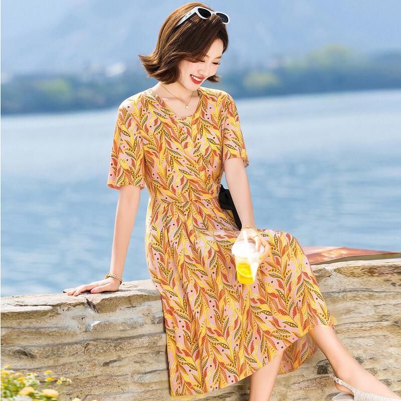 SIFONE Elegant Printed Chiffon V-Neck Midi Dress XL