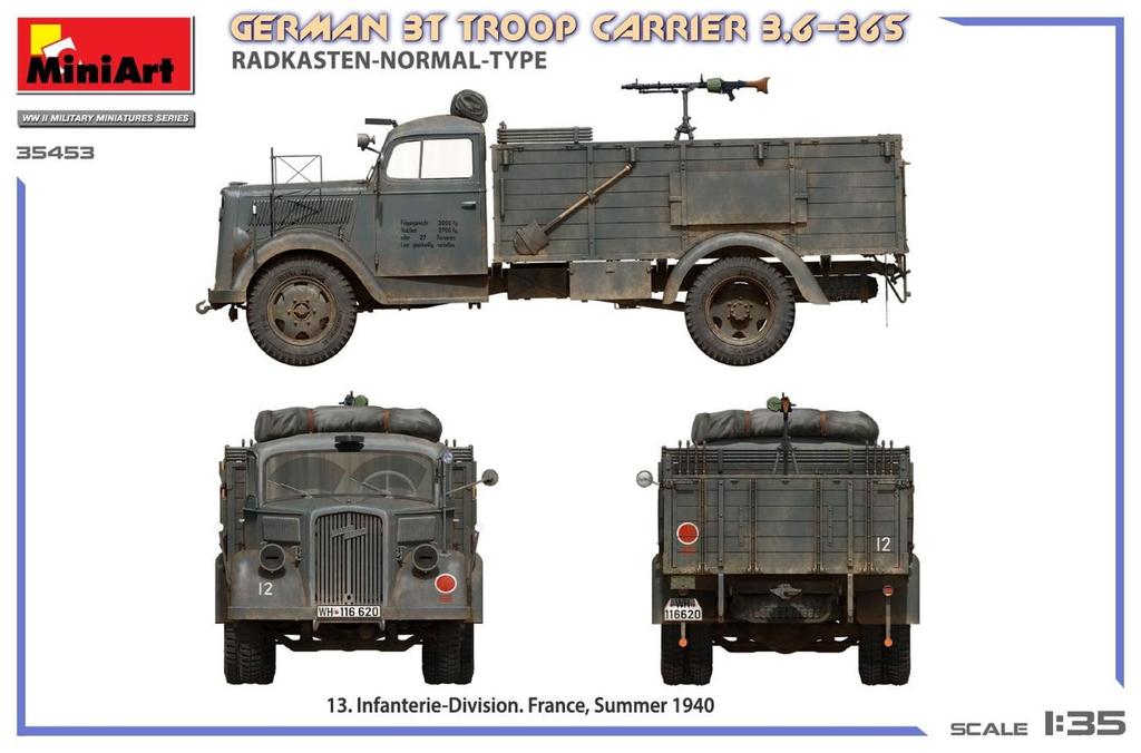 Miniart Scale German Troop Carrier Standard Fender Type Plastic Model MA35453 1/35 3-ton 3,6-36S (Military Vehicle)