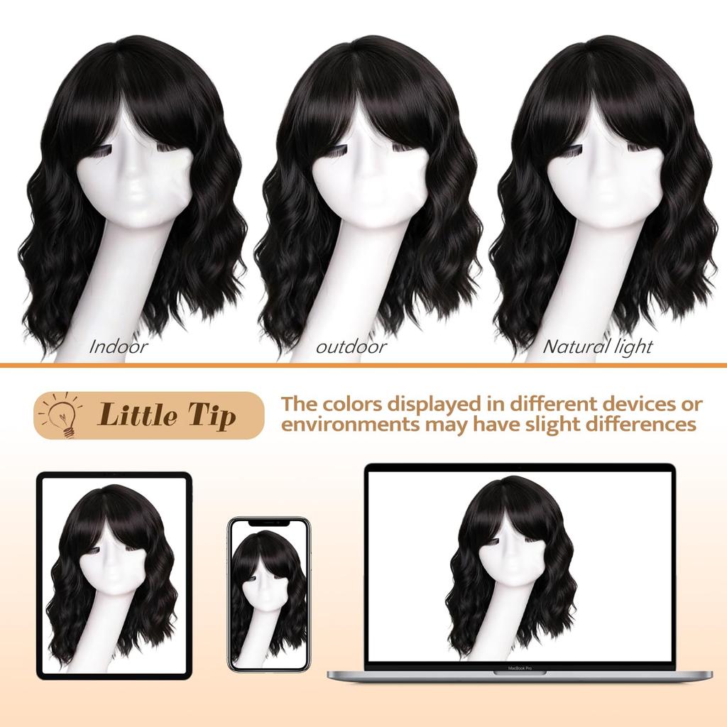 Short Wave Bob Wigs for Women with Bangs Medium Lenth Synthetic Natural Hair Wig for Daily Party Use