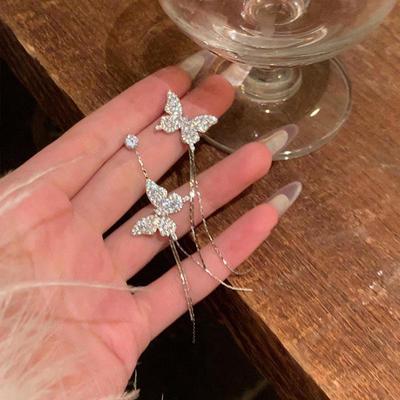 Brincos requintados de borla de borboleta em prata S925 com diamantes inteiros - estilo de nicho de alta qualidade usado por celebridades da Internet