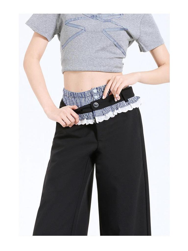Plaid Patchwork Lace Double Waistband Wide-Leg Pants for Women - New 2025 Spring/Autumn Casual Long Pants