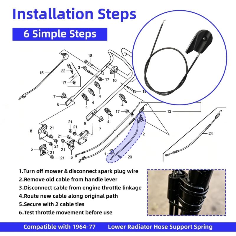 Control Cable for Lawn Mower, 17850-VG3-D01 Replacement Assembly, 48 In Direct Replacement Part with 2 Cable Ties for Routine Repair