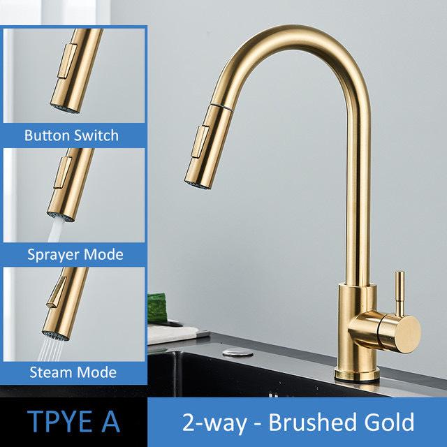Gold & Black Brushed 304 Stainless Steel Pull-Out Kitchen Faucet for Sink & Vegetable Basin