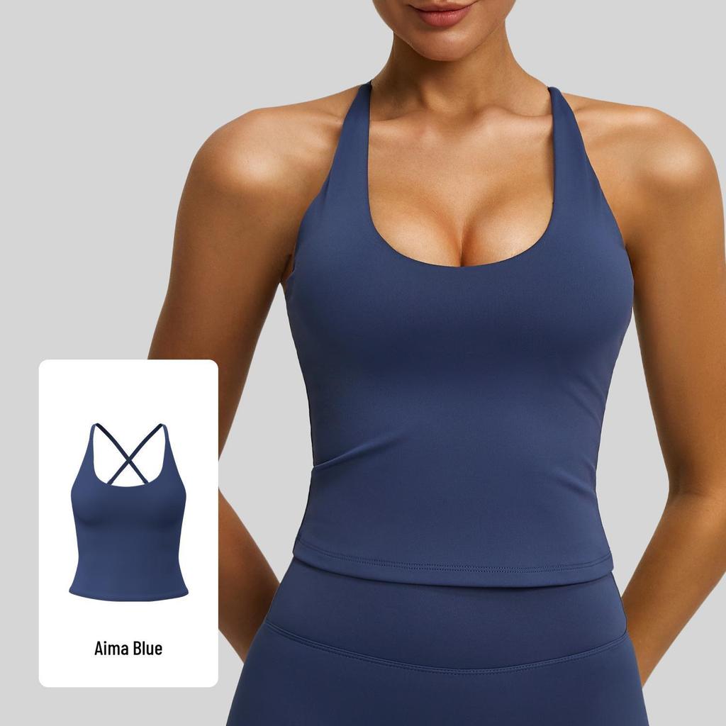 Juyitang Double-Sided Brocade Yoga Tank Top with Fixed Chest Pad - Sleeveless, High Stretch Sports Bra for Women