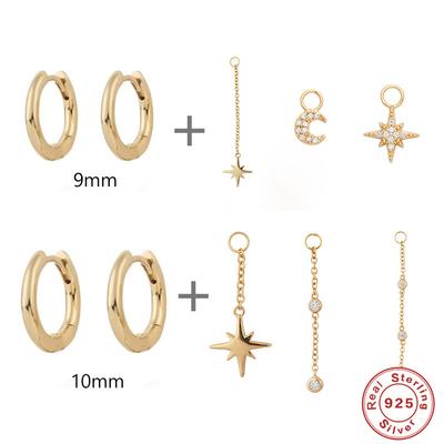 S925 Sterling Silver Simple Ring Earrings Geometric Star Moon Tassel Small Pendant Japanese And Korean Diamond Mixed And Matched Accessories Earrings