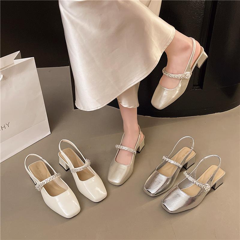 French Rhinestone Rear Empty Mary Jane Shoes Women's 2025 Summer New Versatile Thick Heel High Heels Retro Buckle Sandals