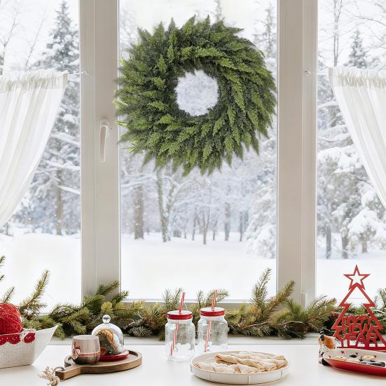 Christmas Wreath Real Touch Faux Cedar Large Green Garland Front Door Windows Festive Party Decor DIY Decoration