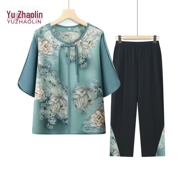 Yuzhaolin Women's Summer Loose Mid-Sleeve Chinese Style Pant Set