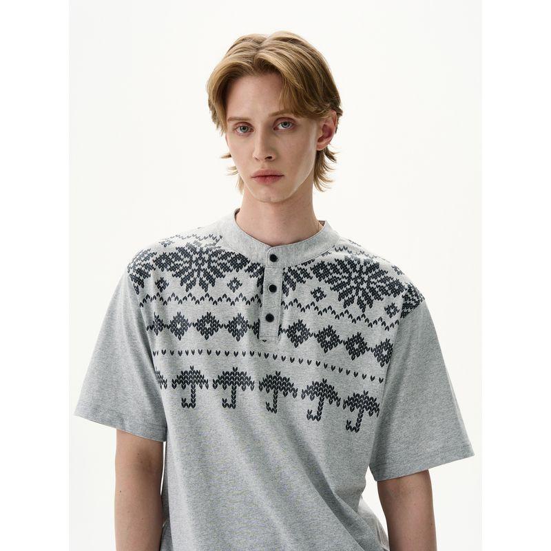 Kisko American Retro Fair Isle Henry Collar Casual Short-Sleeve T-Shirt for Men and Women, High-End Loose Summer Top, Trendy