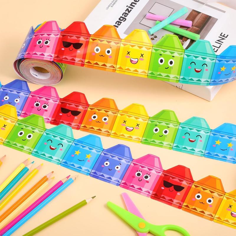 1Roll Self Adhesive Rainbow Pencil Edge Stickers Chalkboard Bulletin Board Border Paper 3Inch Border Classroom Decors