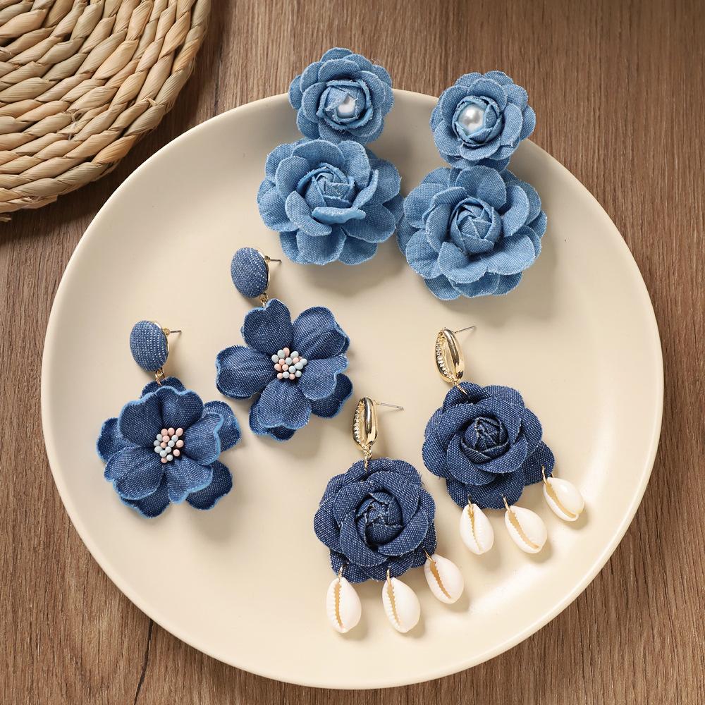 Retro denim blue flower stud earrings - camellia-shaped earrings