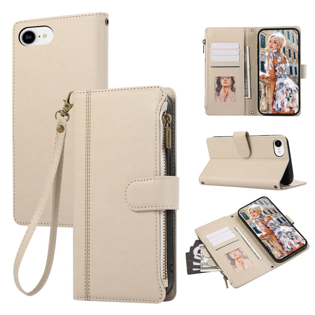 For iPhone 16e Case Multi Card Slots Zipper Leather Phone Cover with Wrist Strap