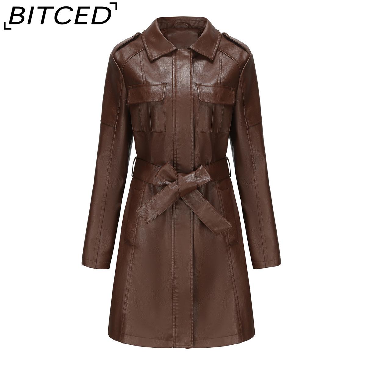 

BITCED Women s Mid-Length Leather Coat with Belt Spring/Autumn Long-Sleeved Leather Trench Coat Stylish British-Style Outerwear XXXL темно-коричневого