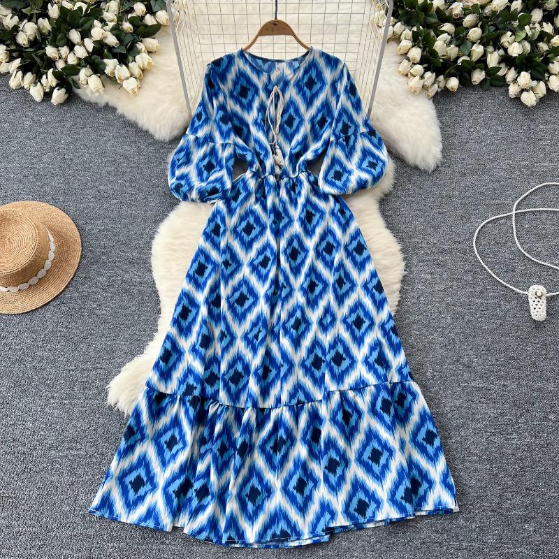 Elegancka Sukienka w Kwiaty Vintage dla Kobiet Letnie Sukienki Sznurowane w Talii Slim Y2k Bufiaste Rękawy Luźne Sukienki