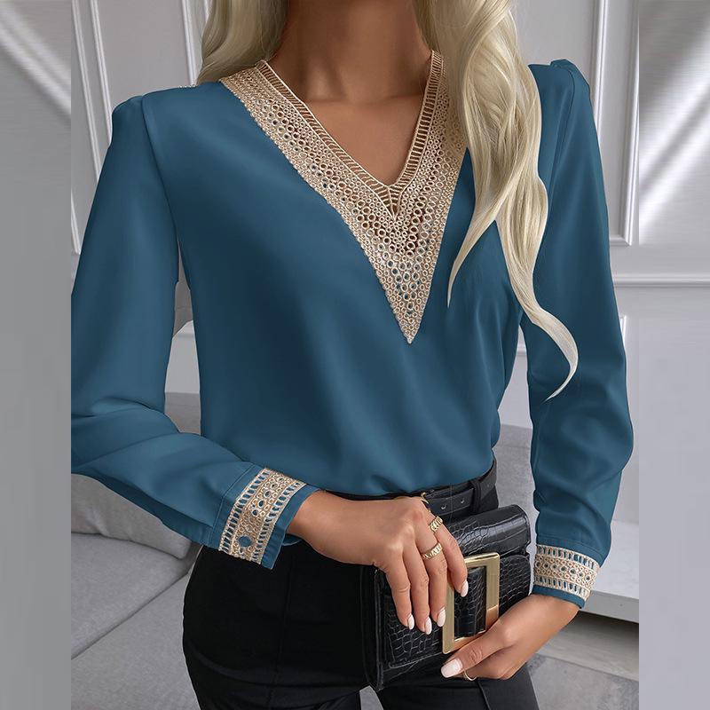 2026 Autumn Lace Trim V-neck Long-Sleeve Shirt