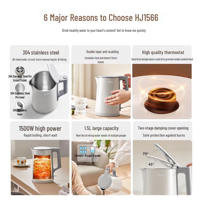 Midea 1.5L Double-Layer Anti-Scald Electric Kettle CN plug (adapter included)