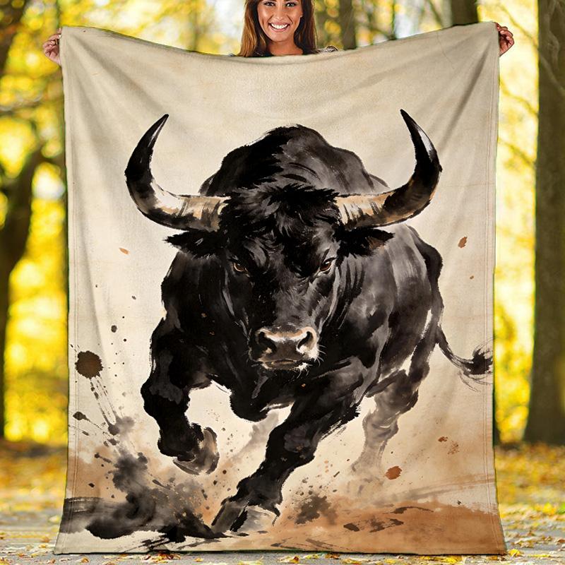 Черная как ночь флисовая плед-одеяло с быком, Плед с диким животным 80cm x 120cm