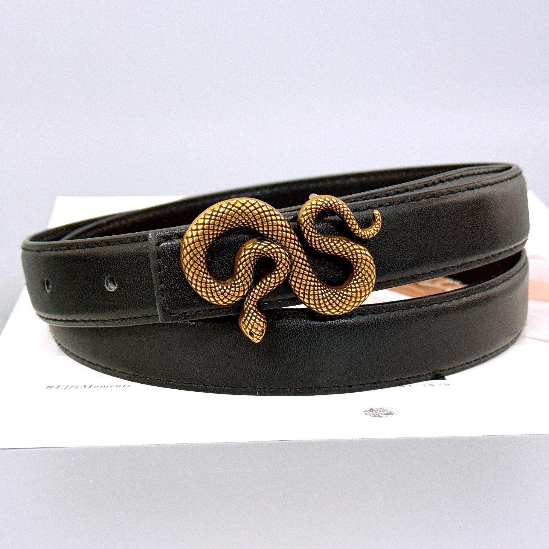 Черный сетчатый ремень с ретро-пряжкой в виде золотой змеи: Элегантный европейско-американский модный аксессуар для женщин 2.5cm Wide, 105cm Long