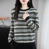 Retro Jacquard Striped Wool Blend Sweater - Women's Loose Casual Round Neck Long Sleeve Knitwear for Autumn/Winter