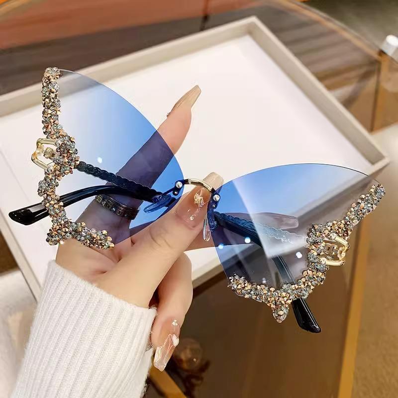 Large Frame Diamond-Encrusted Butterfly Sunglasses Photo Performance Props Glasses Women'S Sunglasses Uv Protection